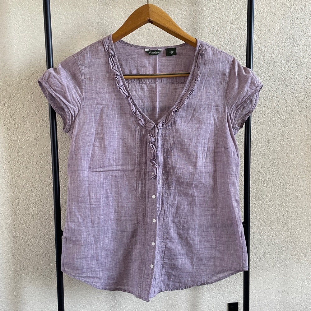 Eddie Bauer Cap Sleeve Button Down Cotton Blouse Lilac Purple Small
